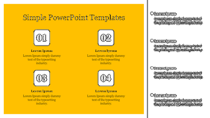 Simple PowerPoint template with numbered sections and placeholder text on a yellow and black background with text.