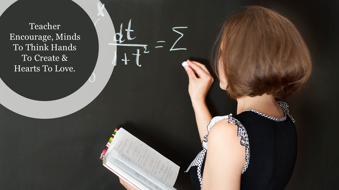Teacher at chalkboard with equation and notebook in hand, accompanied by a circular quote about the impact of teachers.