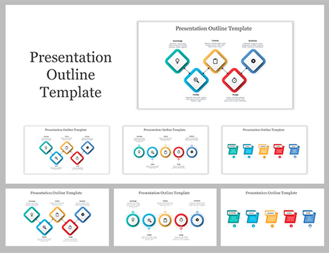 Professional outline slides with colorful icons and text boxes, structured to organize key points of a presentation.
