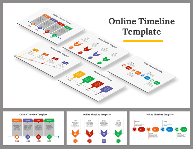 An illustration of various colorful online timeline slides showcasing different stages and years in different layout designs.