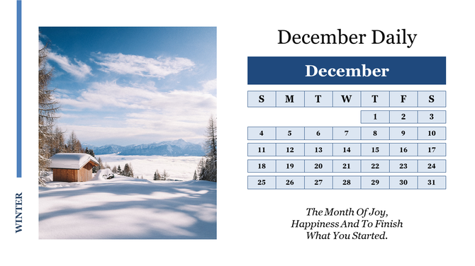 December daily calendar layout featuring a snow covered cabin against a mountain backdrop, with a blue grid on the right.