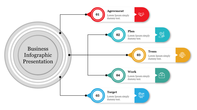 Business infographic slide with five colored steps connected by lines branching from a central circle with icons and caption.