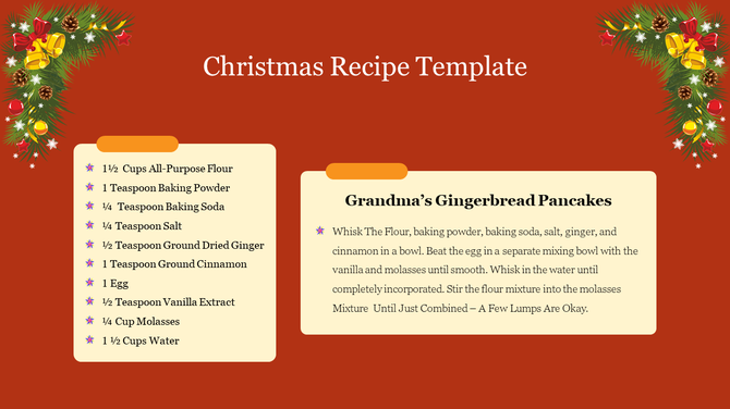A Christmas recipe PPT template for gingerbread pancakes with festive decorations and a recipe list on a red backdrop.