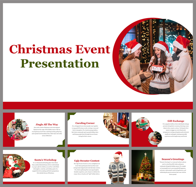 Christmas event slides featuring a festive design with images of holiday activities and a group exchanging gifts.