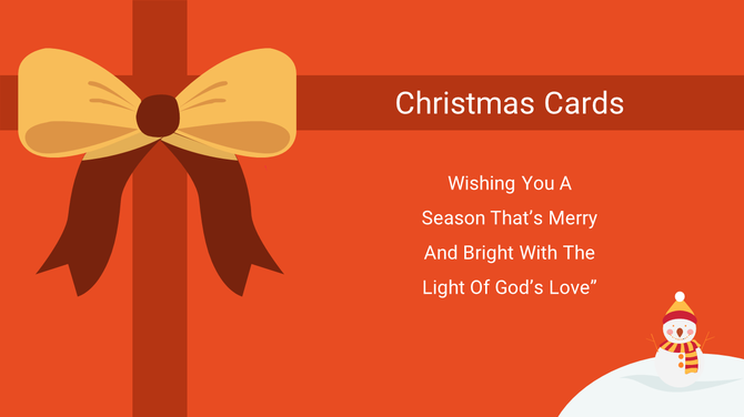 Christmas card slide with a bright orange background, featuring a large yellow bow and a snowman at the bottom right.