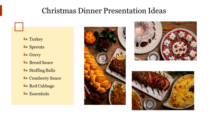 PowerPoint slide featuring a Christmas dinner menu with a list of essentials and food images.