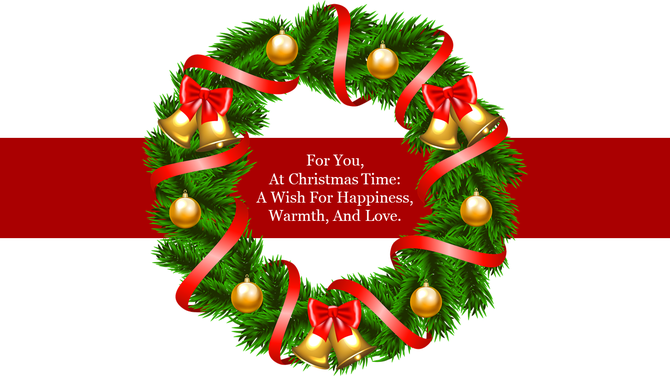 Festive Christmas wreath adorned with red ribbons, golden ornaments, and bells on a red backdrop.