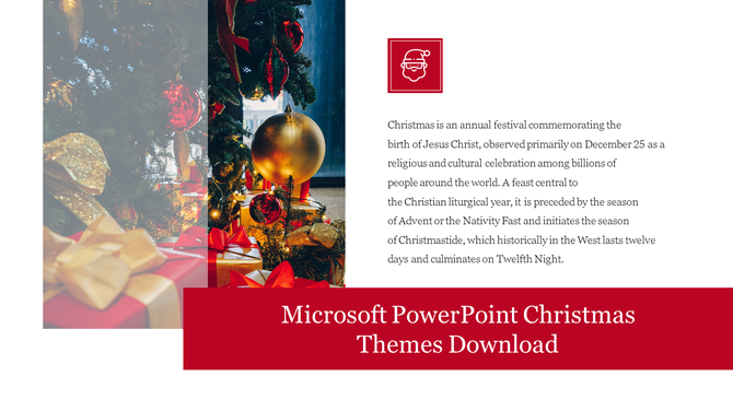 Microsoft design Christmas slide with festive tree, wrapped gifts, and informative text on Christian traditions.