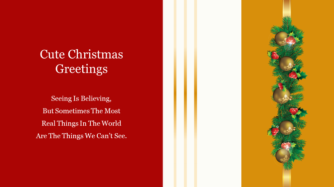 A festive Christmas greeting slide with a quote and a golden Christmas decoration on a red and yellow background.