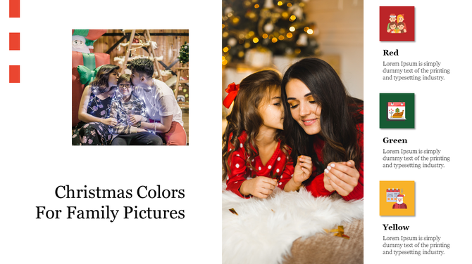 Christmas color themes for family photos with central family portraits and three festive color blocks on the right.
