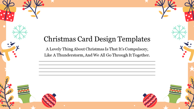 A colorful Christmas card design featuring gifts, snowflakes, and Christmas decorations, with a quote and space for writing.