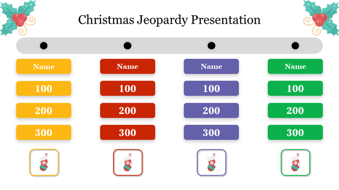Colorful Christmas Jeopardy presentation template with four groups, each with a set of questions and festive stocking icons.