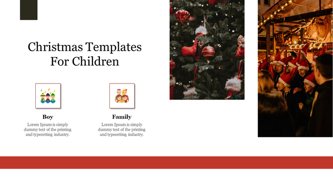 Christmas slide with title, icons for boy and family templates, and two festive photos of tree decor and people in hats.