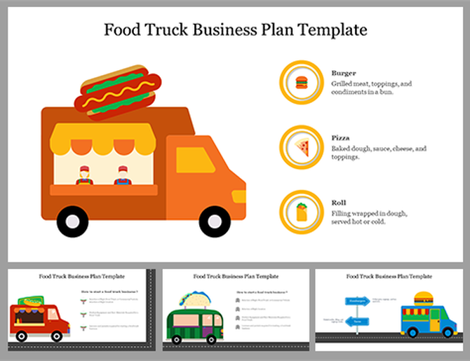 A pack of food truck business plan slides with a cartoon food truck and icons representing burger, pizza, and roll items.