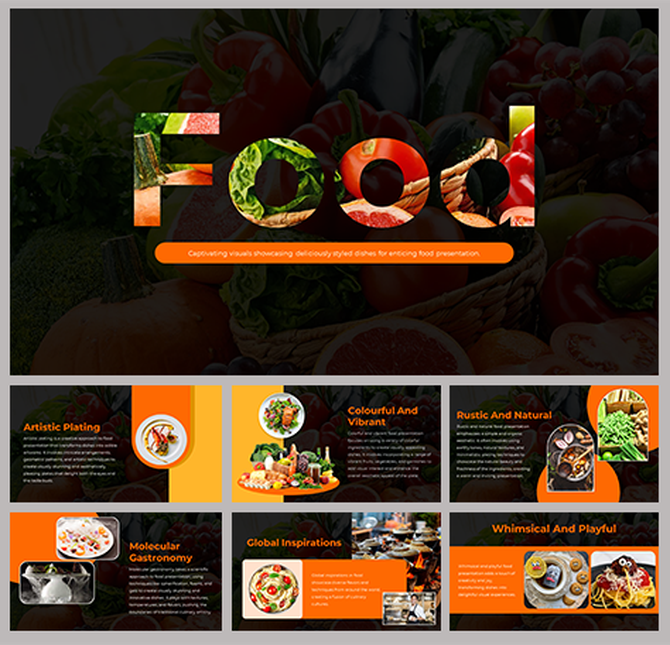 Food presentation slide deck showcasing visually appealing dishes with themes like artistic plating and global inspirations.