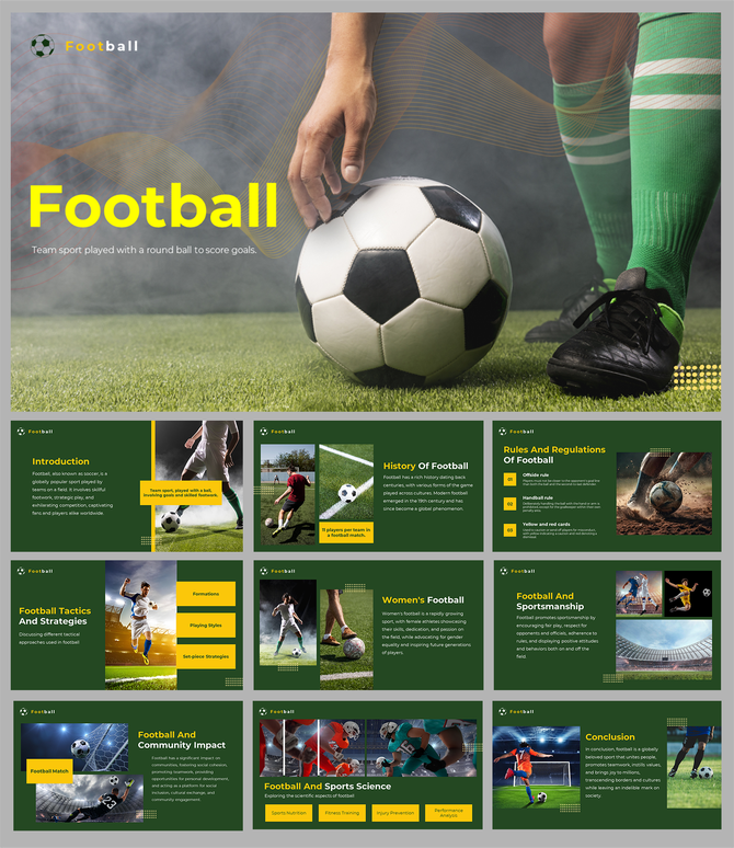Close up of a soccer ball on grass and several slides covering football history and tactics with images on a green backdrop.