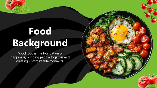 Cool Food Backgrounds with green-black waves, food bowl of egg, chicken, cucumbers, tomatoes, text holder, and title area.