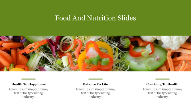 Green header over an image of colorful vegetables, with three text sections at the bottom, focusing on health and nutrition.