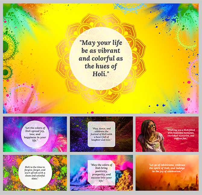Festival of Holi template with vivid colors, mandala art, and a centered festive quote.