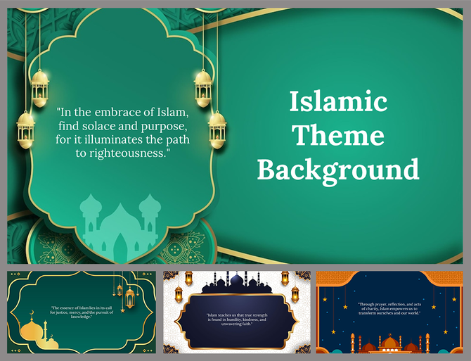 Islamic themed background slides with quotes, ornate lanterns, and mosque silhouettes in different colors and palettes.