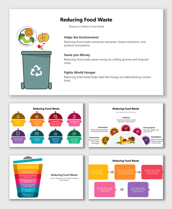 Reducing Food Waste: Infographic on strategies to save money, protect the environment, and fight hunger.