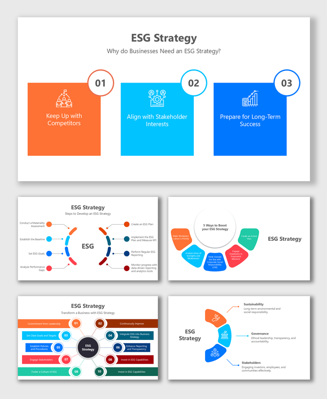 ESG Strategy presentation with steps, goals, sustainability, governance, and stakeholder engagement icons.