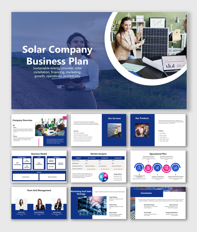 Solar Company Business Plan: Overview, services, market analysis, team, and sales strategies in detailed slides.
