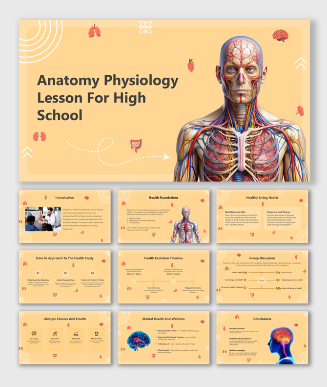 Anatomy Physiology Lesson For High School, showcasing human body systems, health tips, and vibrant designs.