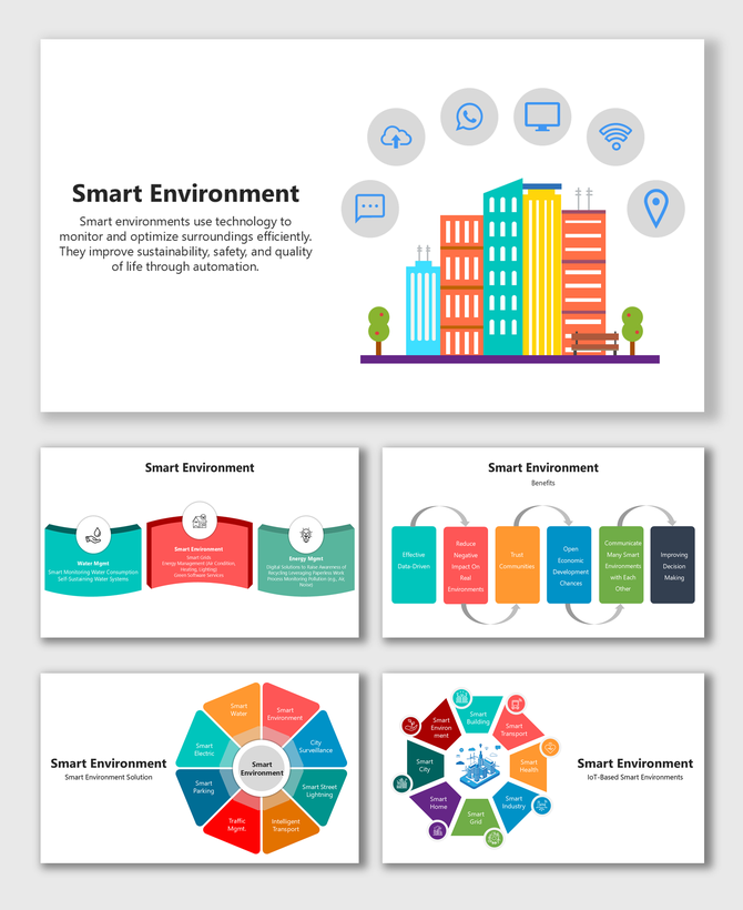 Smart Environment with city management icons, energy efficiency, smart systems, and sustainability features.