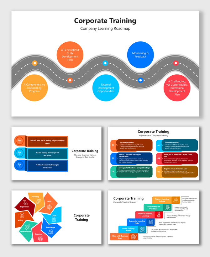 Corporate Training roadmap with colorful stages: onboarding, skill development, feedback, and growth.