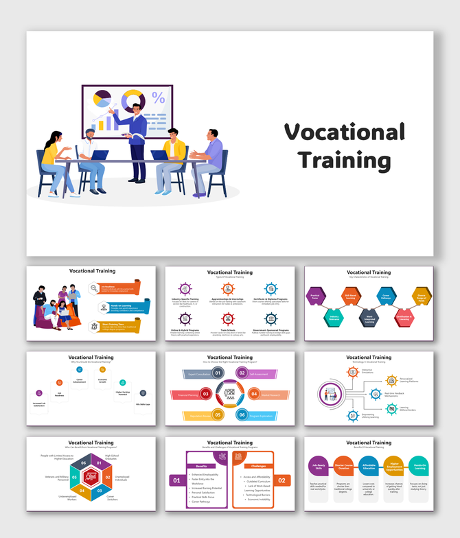 Vocational Training: Illustrations of skill development, career paths, and professional growth opportunities.