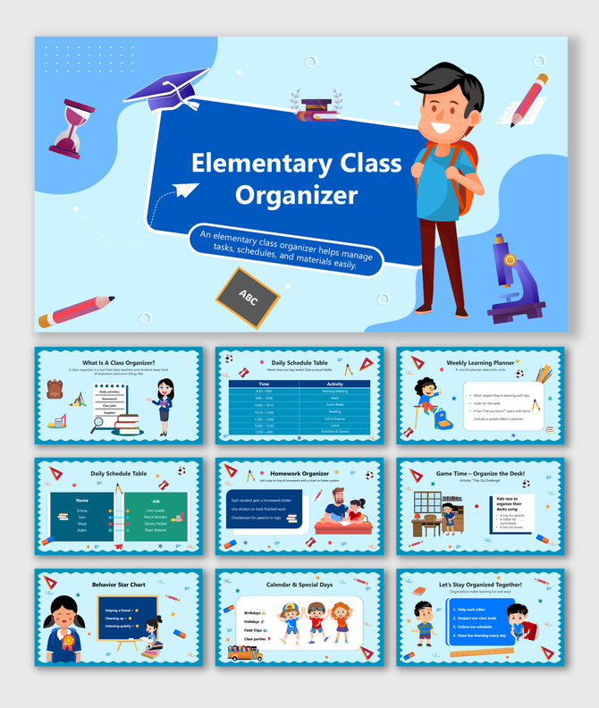 Elementary Class Organizer: Manage tasks, schedules, and materials with colorful charts and interactive tools.