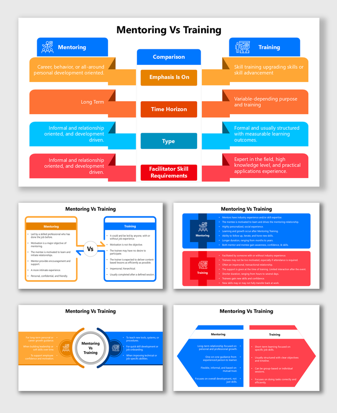 Mentoring Vs Training comparison slide showing key differences in goals, structure, and delivery with colorful layout.