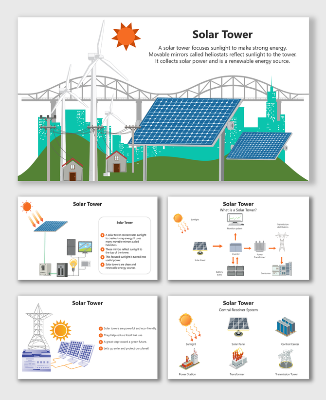 Solar Tower collecting renewable energy using heliostats, solar panels, and wind turbines for power.