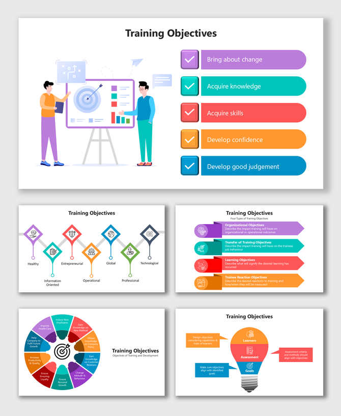 Training Objectives slide with colorful icons, goals, lightbulb graphics, and arrows showing skills and learning focus.