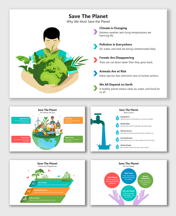 Save The Planet slides use eco icons, pastel colors, and nature graphics to present pollution issues and green solutions.