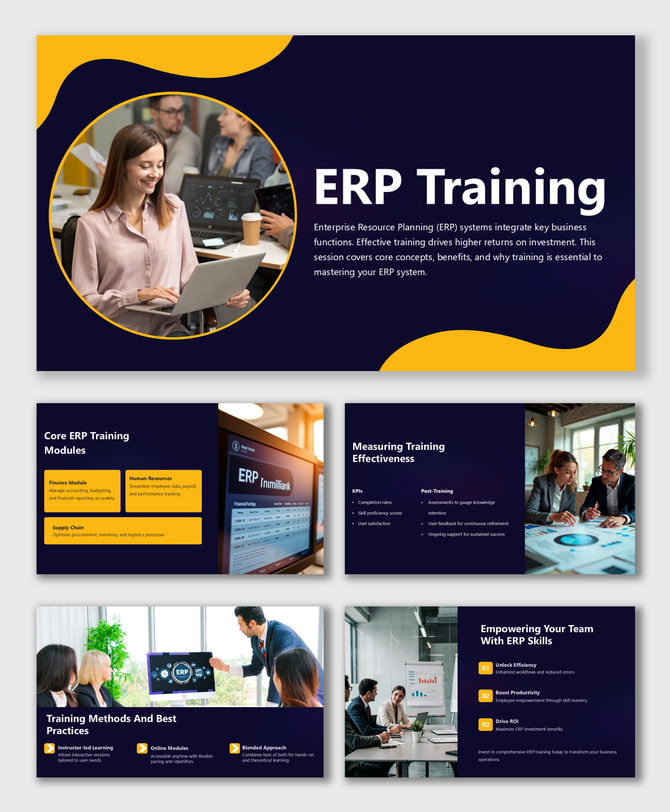 ERP Training presentation showing a woman on laptop, training modules, KPIs, and team visuals with yellow-blue design.
