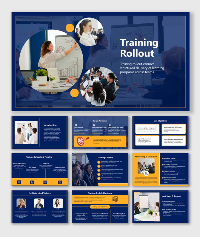 Training Rollout slides with blue-gold theme, circular photos, icons, and sections for goals, tools, and schedule.