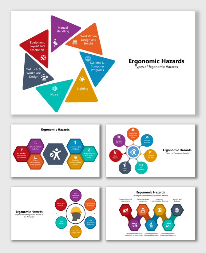 Colorful ergonomic hazards diagram showing risks, causes, and prevention tips using icons, shapes, and labels.