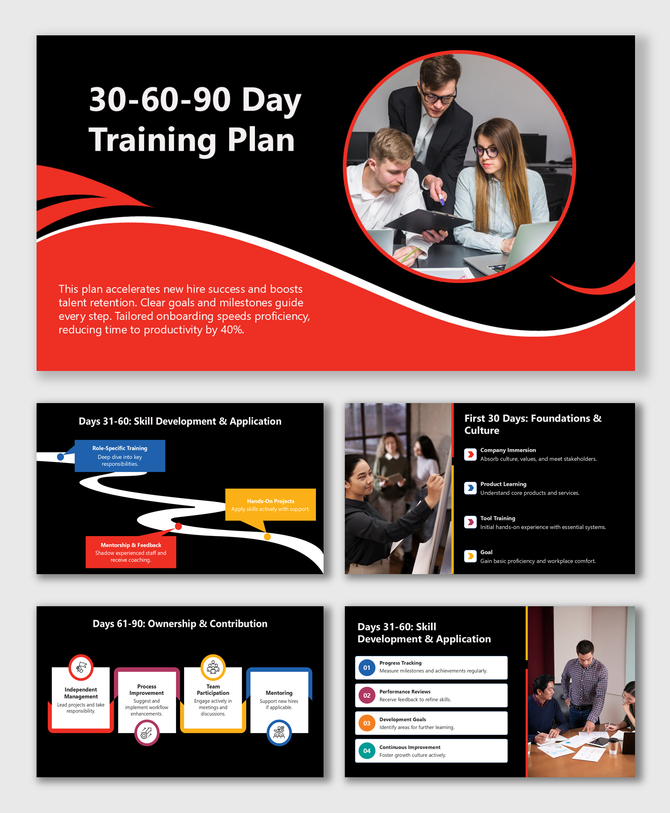 30-60-90 Day Training Plan with team visuals, timeline steps, bold red-black theme, and onboarding milestones.