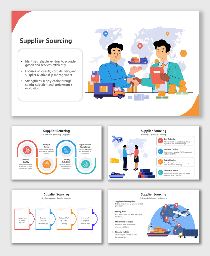 Supplier Sourcing slides with handshake, global shipping, benefits, risks, and vendor selection flow visuals.