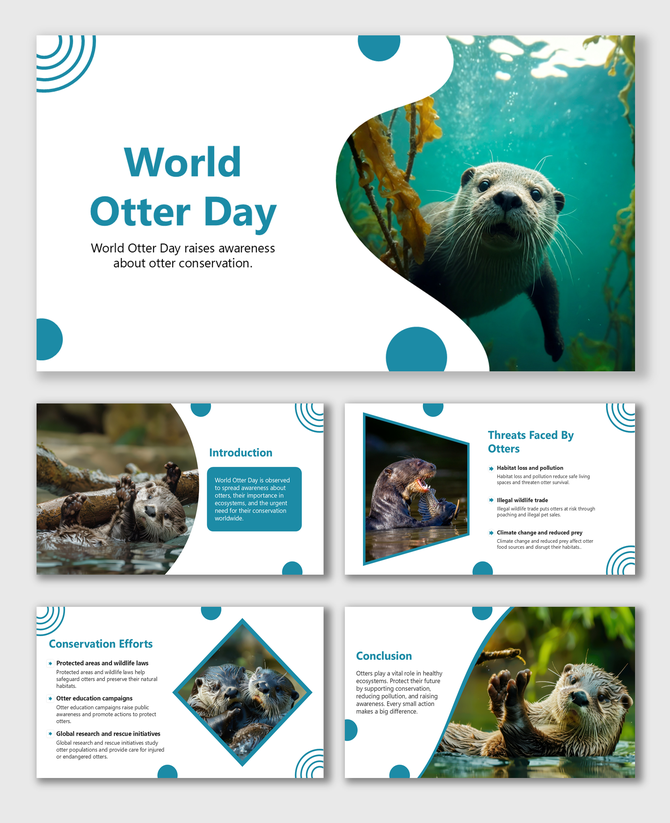 World Otter Day slides with blue theme, otter photos, awareness tips, threats, conservation, and conclusion.