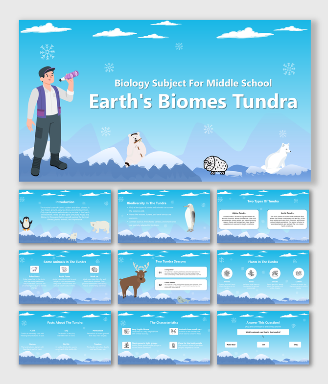 Biology Subject For Middle School Earths Biomes Tundra slides show snowy habitat, animals, facts, and quiz.