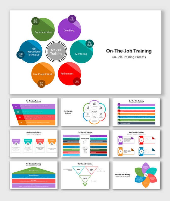 On The Job Training slide shows process steps, coaching, mentoring, and benefits using colorful circular icons.