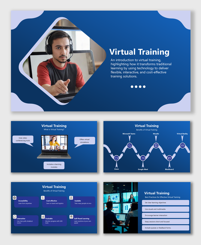 Virtual Training slides with video calls, e-learning tools, benefits, and tips in a blue-purple layout with icons and images.