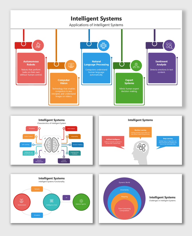 Intelligent Systems slide with colorful blocks, icons, and diagrams showing AI types, features, functions, and challenges.