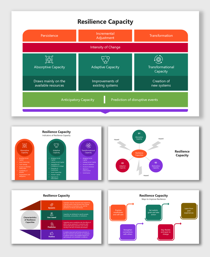 Resilience Capacity infographic with types, indicators, traits, and steps to improve using colorful blocks and flow diagrams.