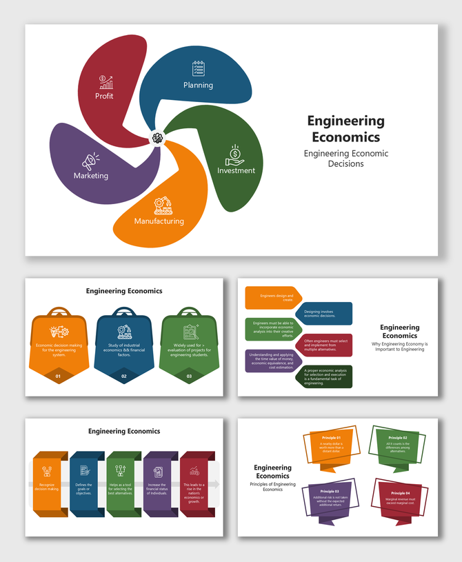 Engineering Economics slides with colorful visuals showing planning, investment, profit, and key concepts.