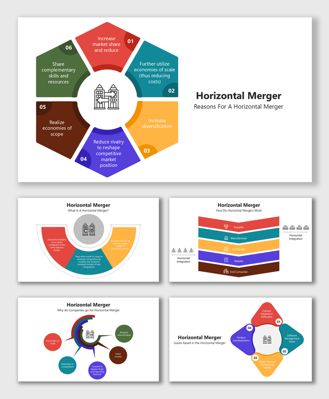 Horizontal Merger slide with multicolor segments, icons & text holders explaining benefits & process.