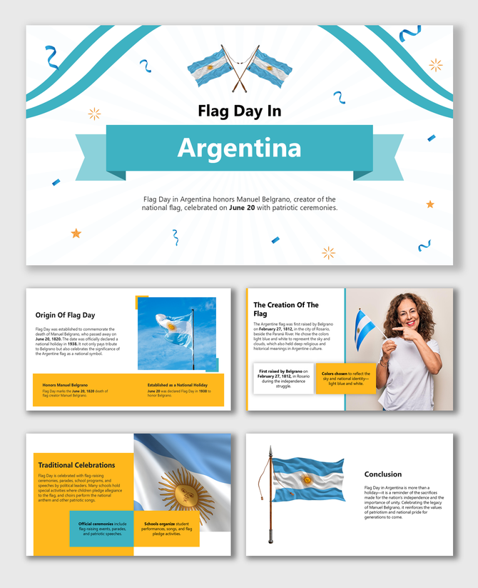 Flag Day In Argentina slides show blue flags, ribbons, photos, yellow boxes explaining history, creation, and events.